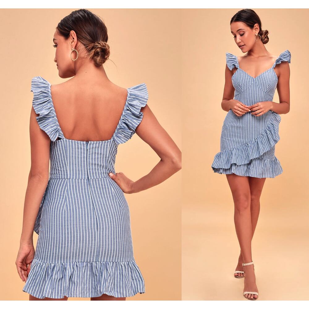 The Fifth Label | Parcel Blue and White Striped Ruffle Mini Dress | Sz S